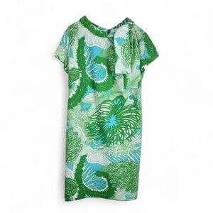 Vtg 60s Landmark Midi Shift Dress Mod Med/Lrg Scarf Neck Green Blue Botanical